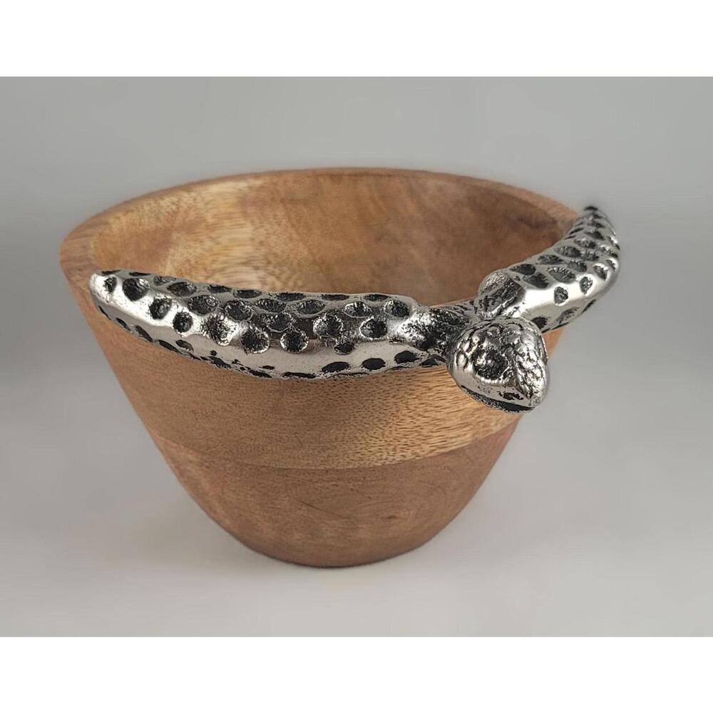 Round Wooden Bowl with Metal Turtle Adornment - Rustic Decorative Bowl